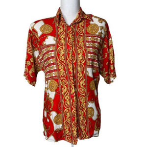 Vintage 80s Marnie West Top Size Large Red Gold Button Down Short Sleeve a18